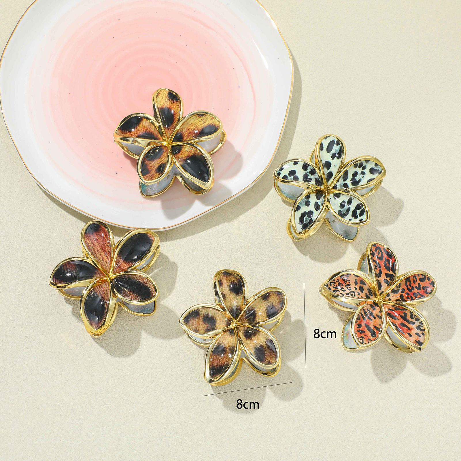 Gold-Edged Leopard Plumeria Hair Claw 8cm