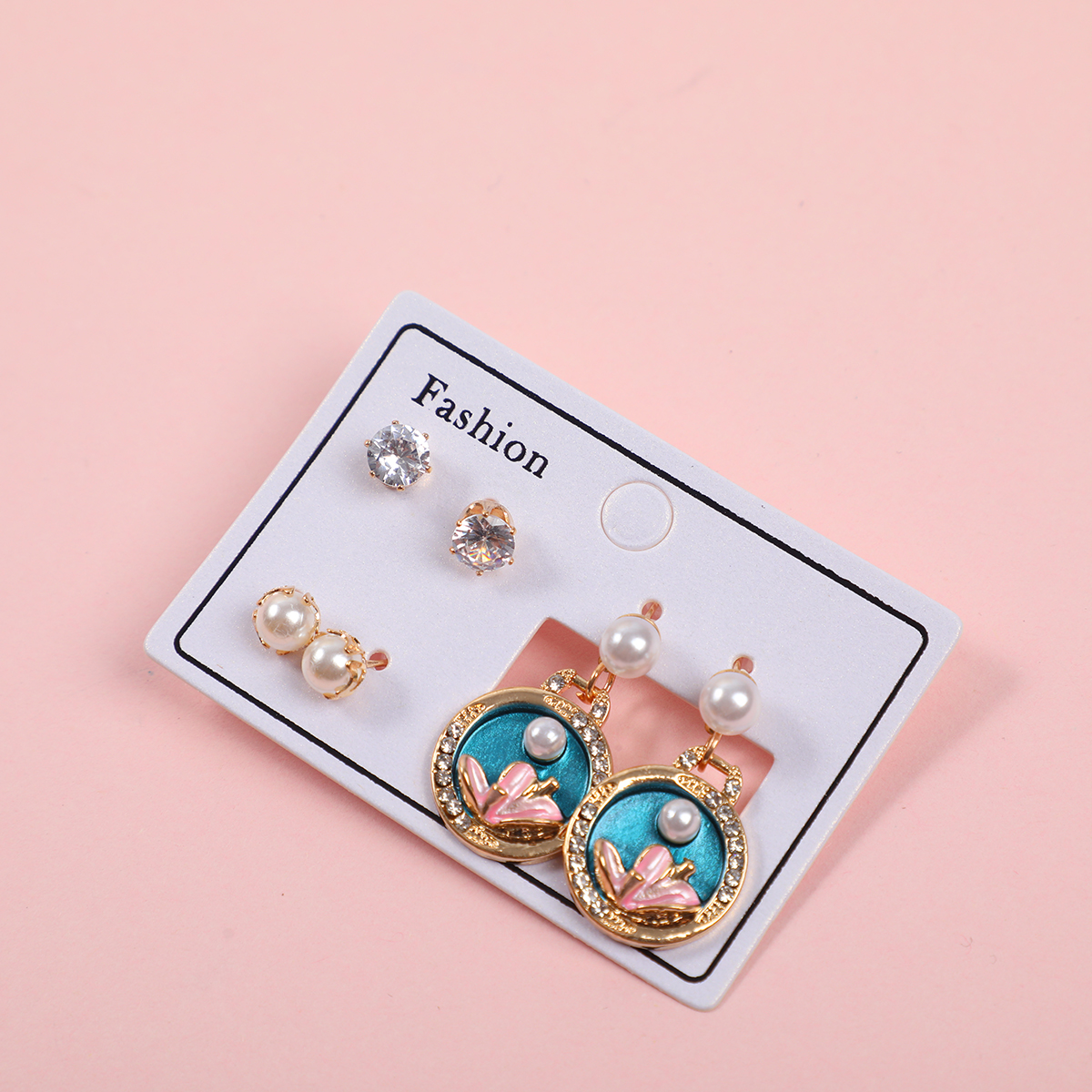 Enamel Pearl Flower Luxury 3 Pairs Earrings
