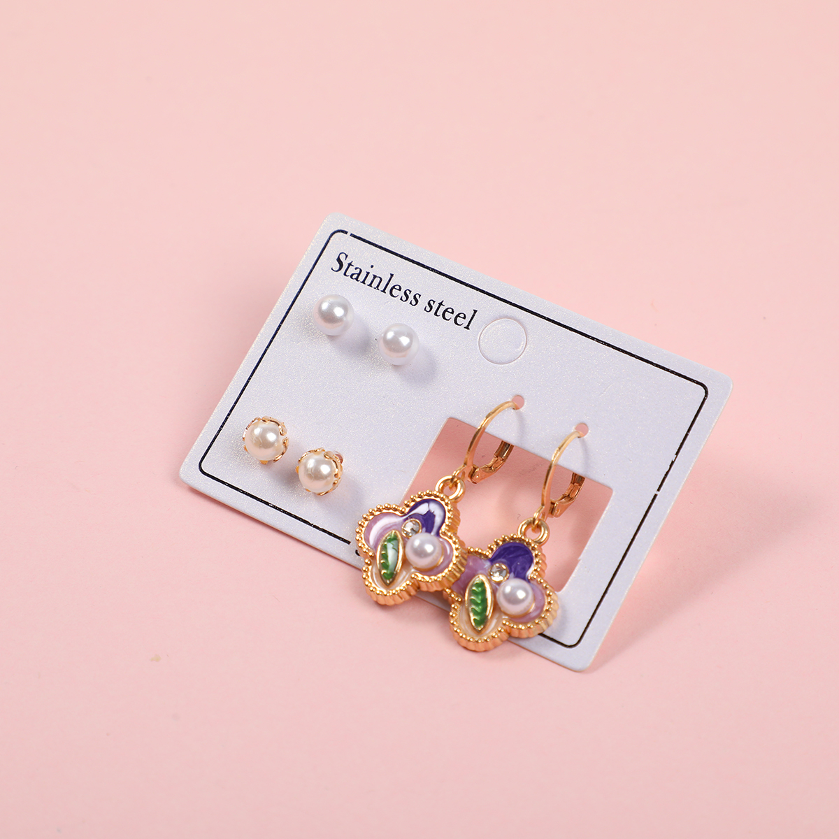 Four-Petal Flower Pearl 3 Pairs Earrings