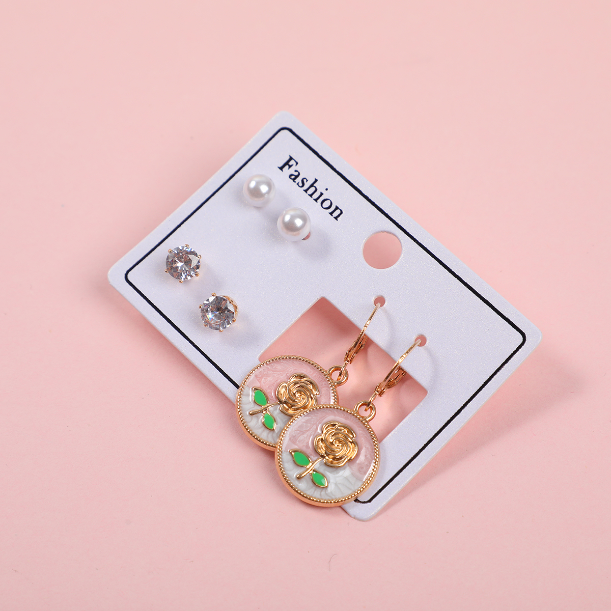 Enamel Rose 3 Pairs Earrings