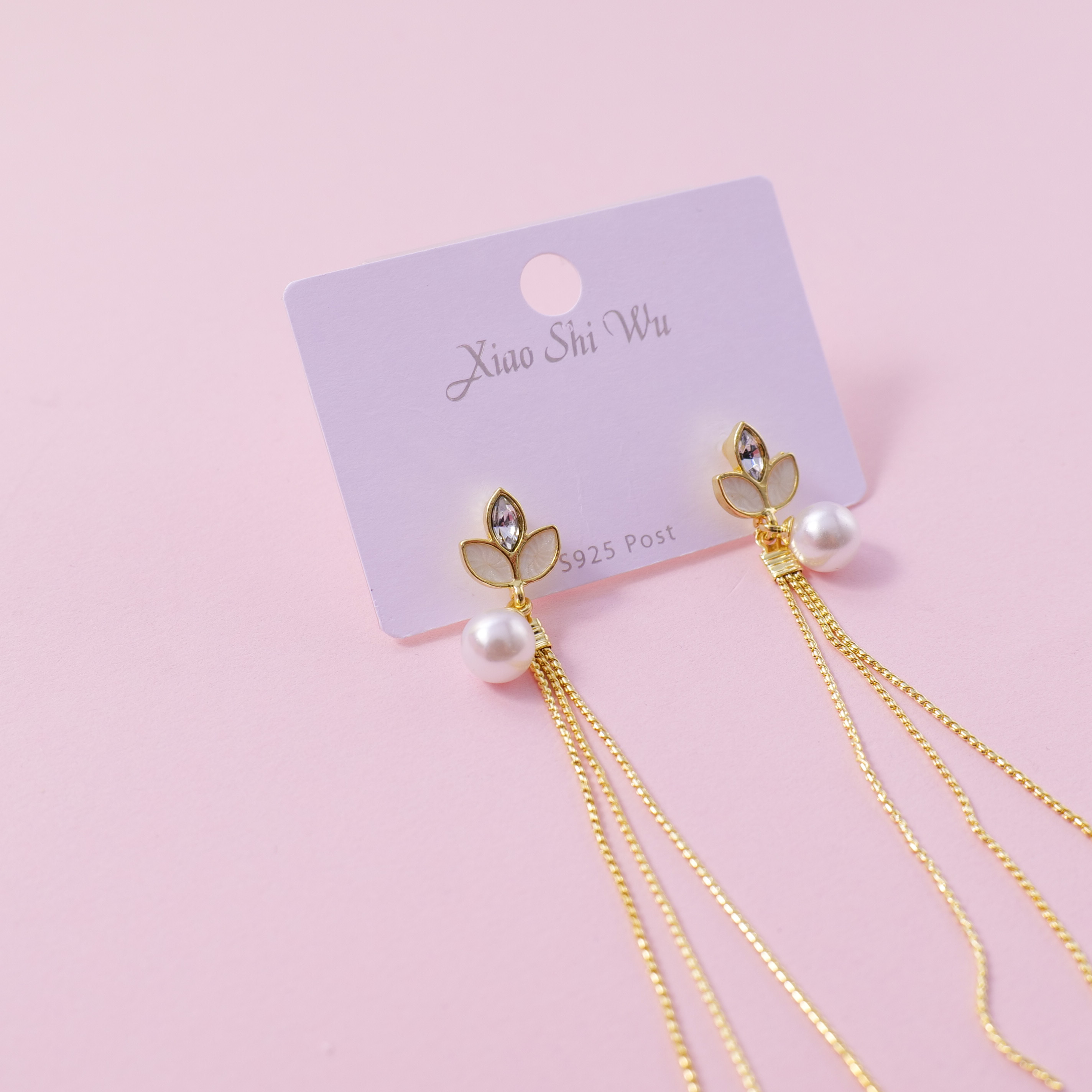 Leaf Pearl Long Chain Earrings