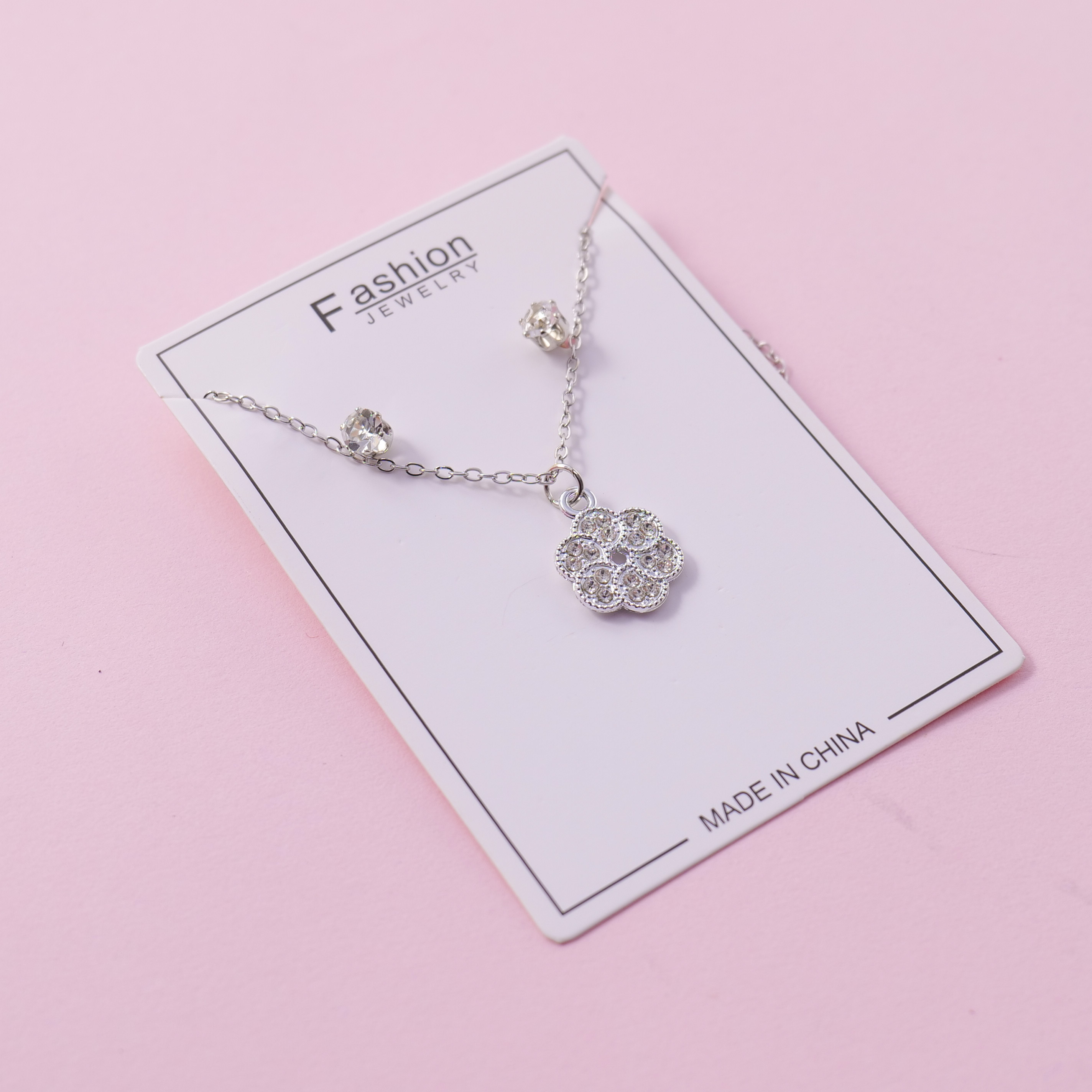 Floral Necklace & Rhinestone Stud Earrings Set
