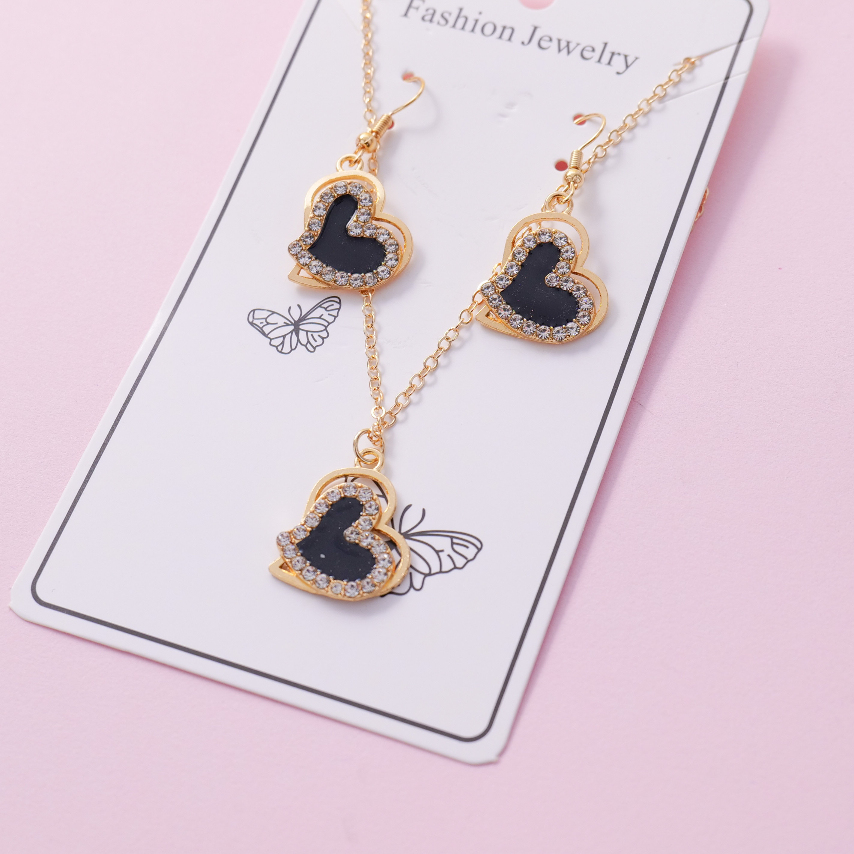 Black Heart Earrings & Necklace Jewelry Set
