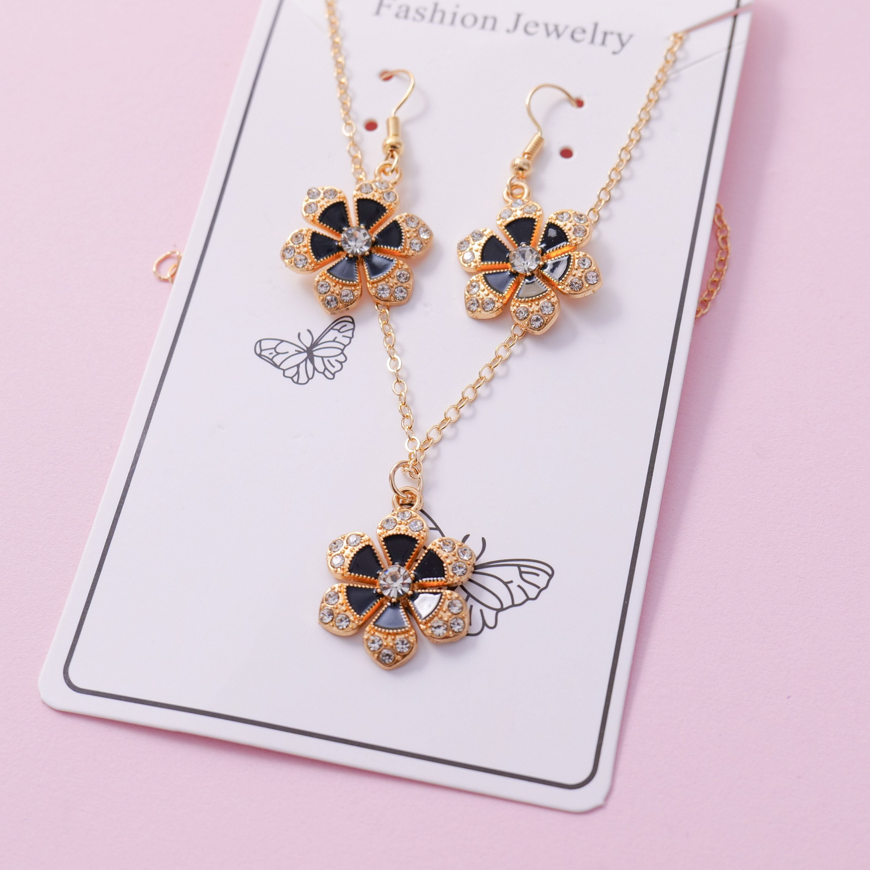 Black Sunflower Earrings & Necklace Jewelry Set