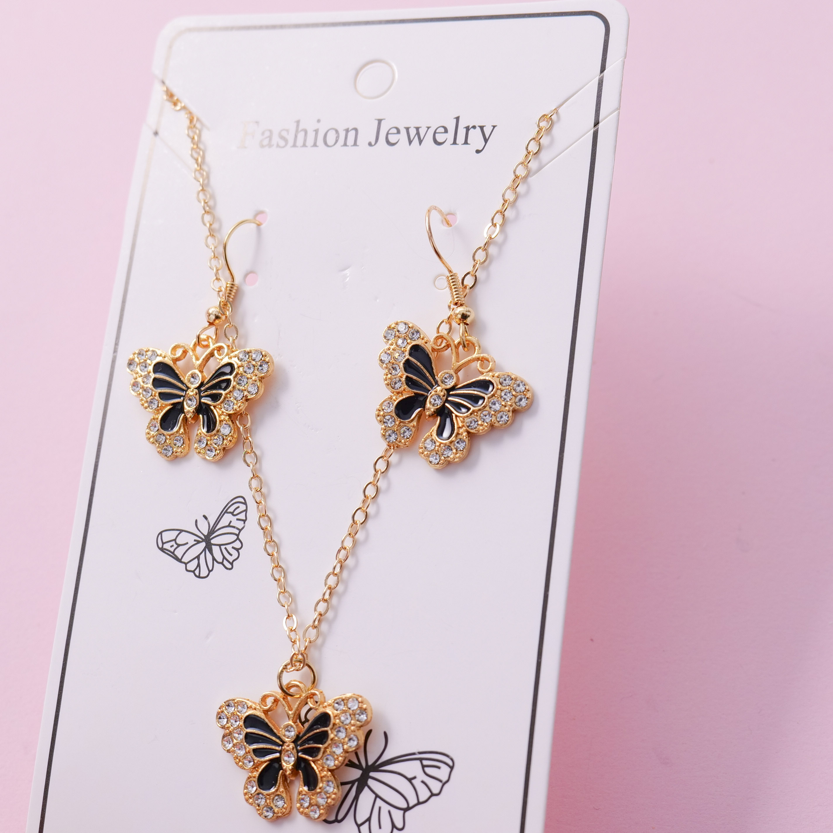 Black Butterfly Diamond Earrings & Necklace Jewelry Set