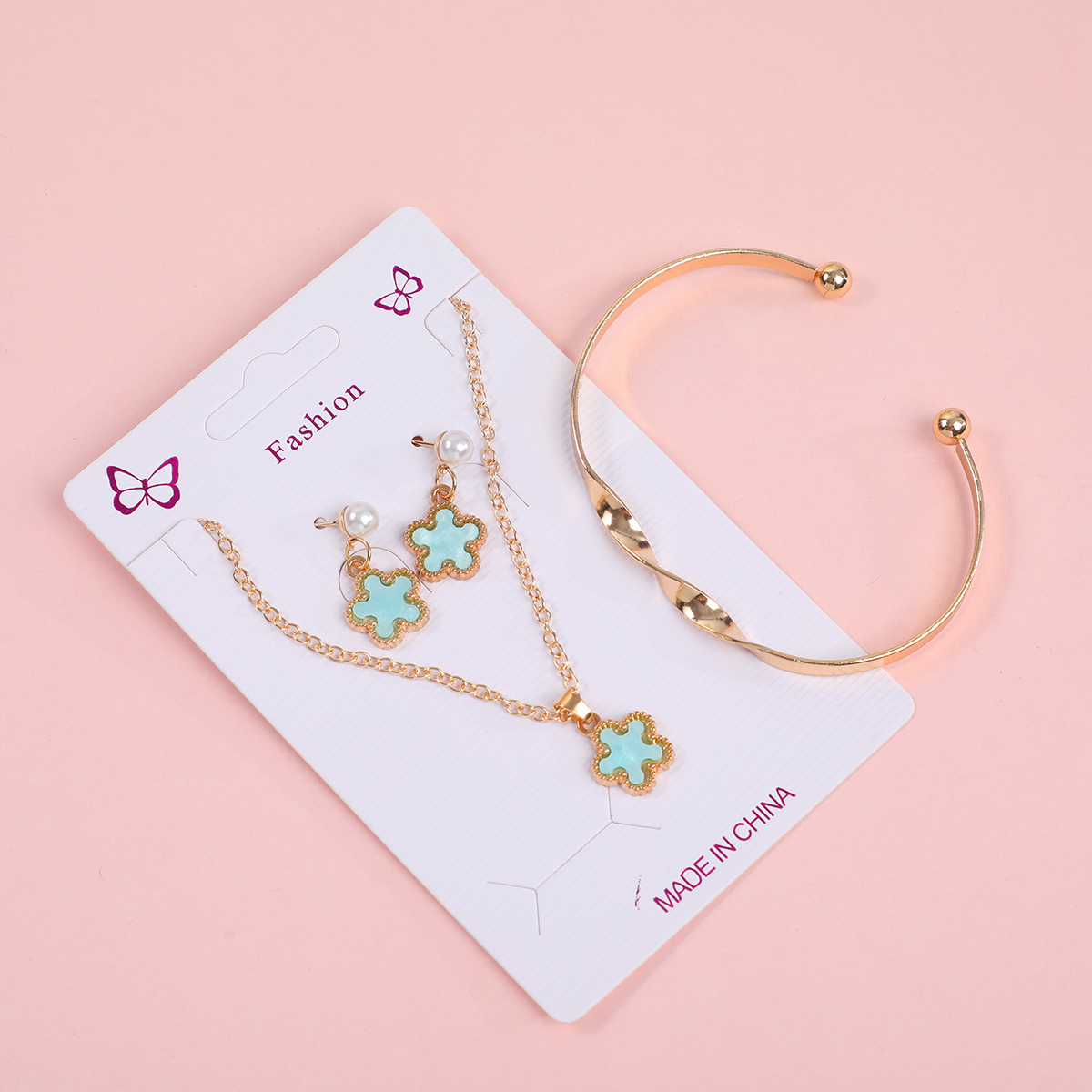 Five-leaf Clover Necklace, Earrings and Bracelet Set