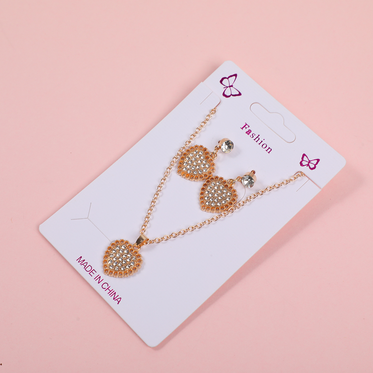 Heart Pave Rhinestone Necklace and Stud Earrings Set
