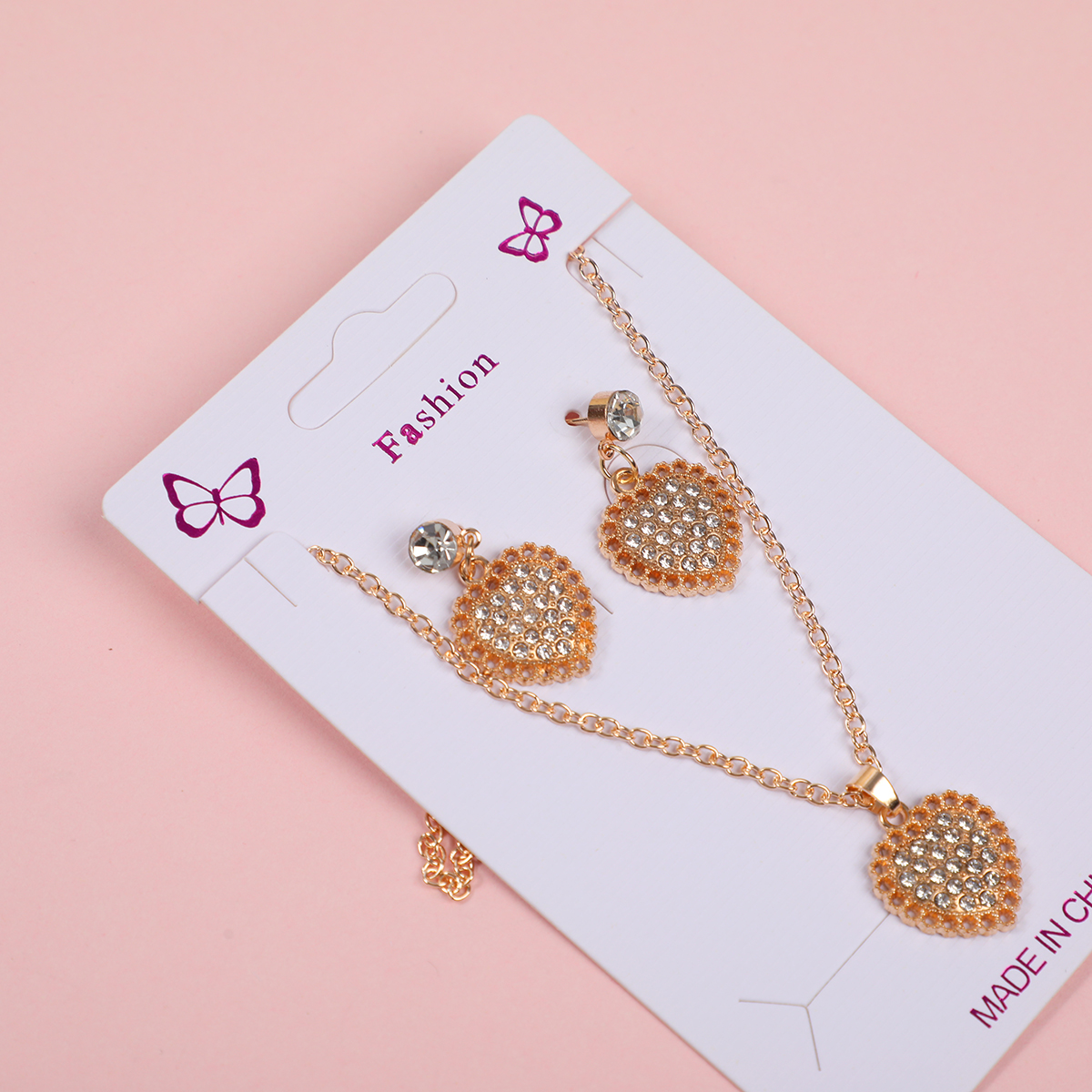 Heart Pave Rhinestone Necklace and Stud Earrings Set