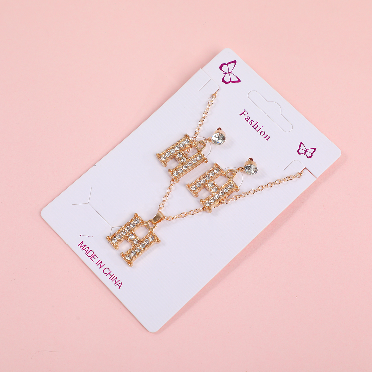 Big Letter 'H' Pave Rhinestone Necklace and Stud Earrings Set