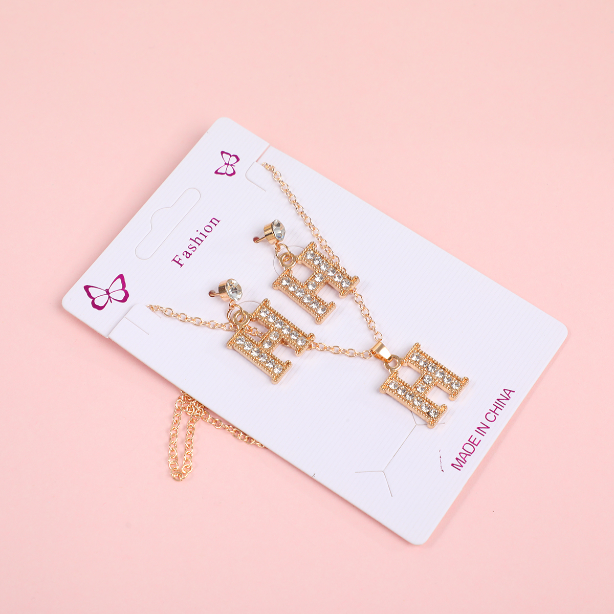 Big Letter 'H' Pave Rhinestone Necklace and Stud Earrings Set