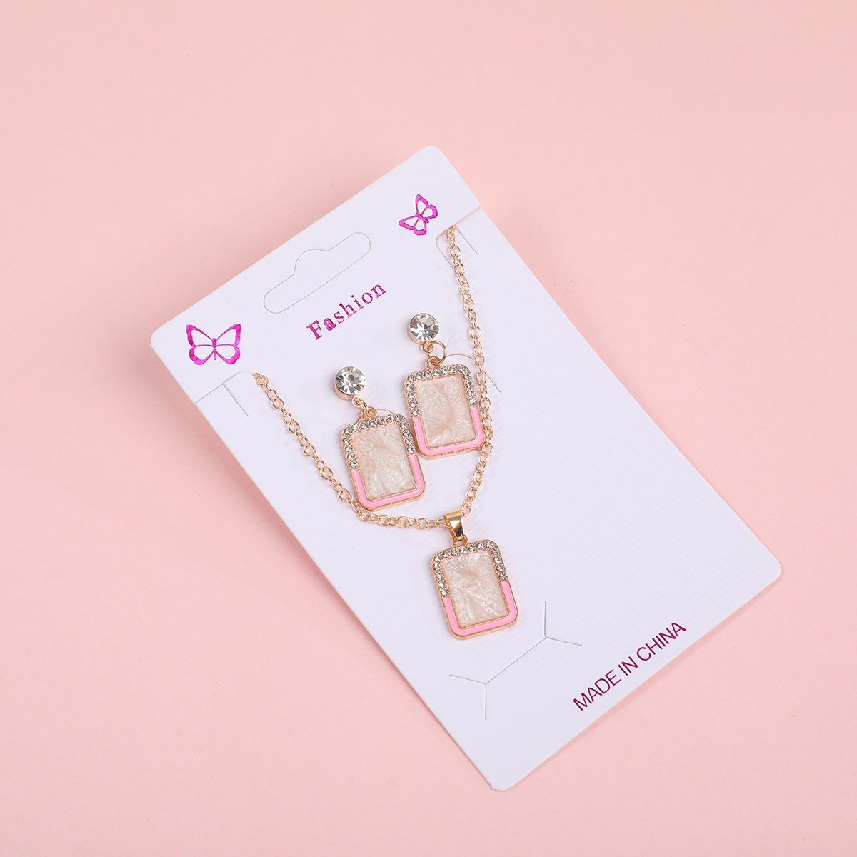 Square Frame Pave Rhinestone Necklace and Stud Earrings Set
