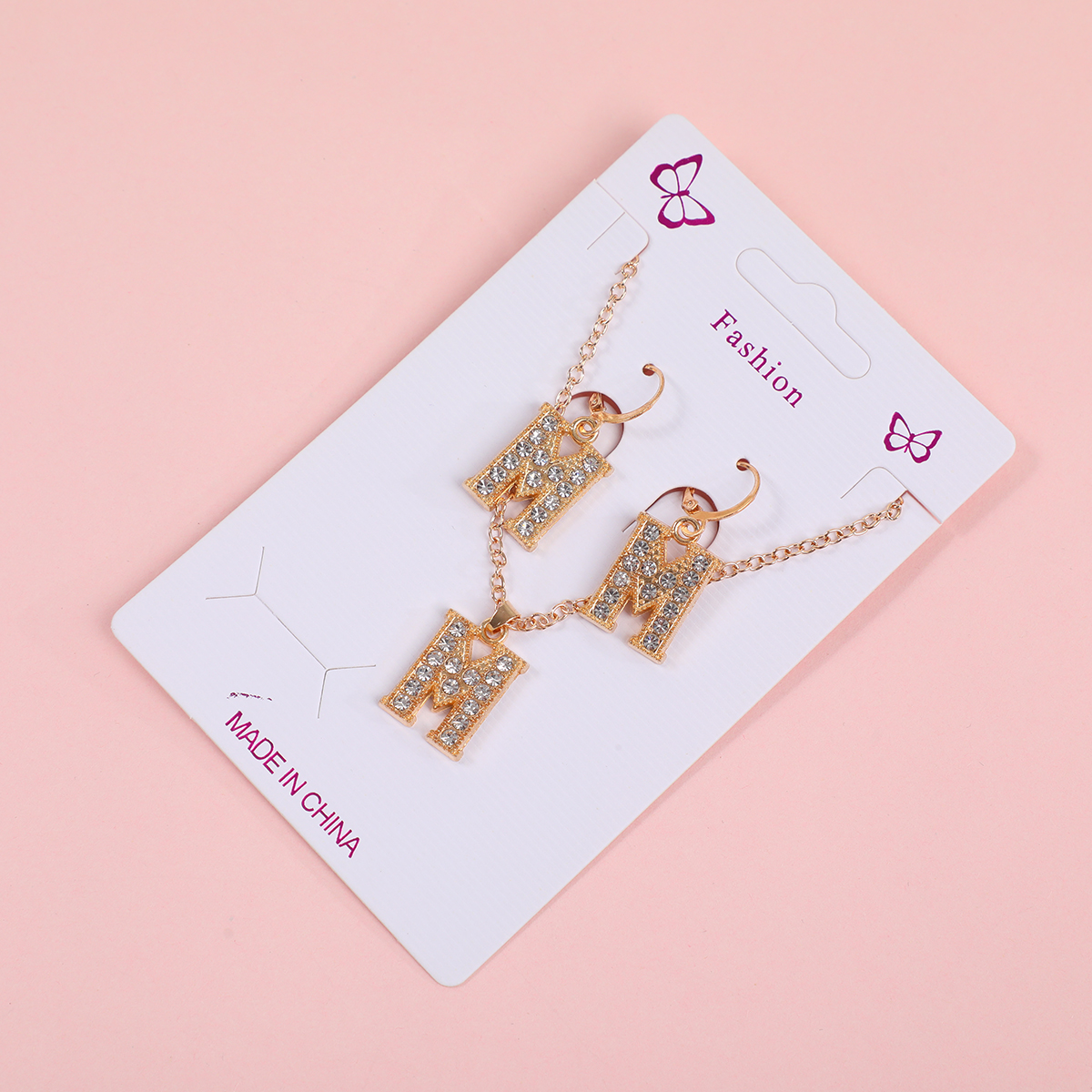 Big Letter 'H' Pave Rhinestone Necklace and Stud Earrings Set-1