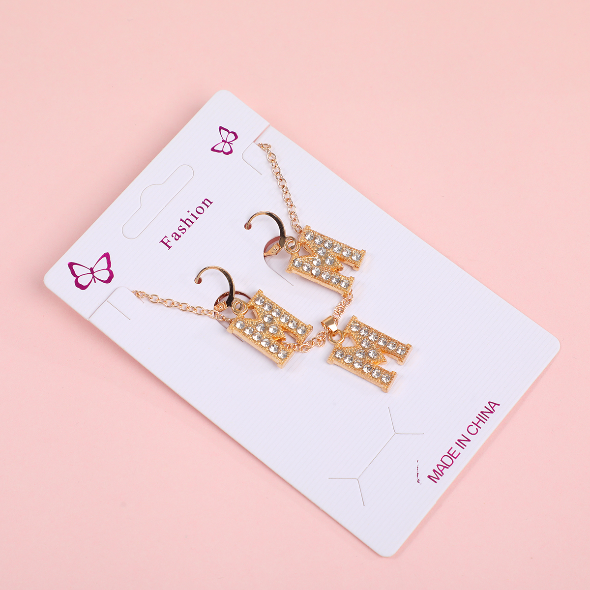 Big Letter 'H' Pave Rhinestone Necklace and Stud Earrings Set-1