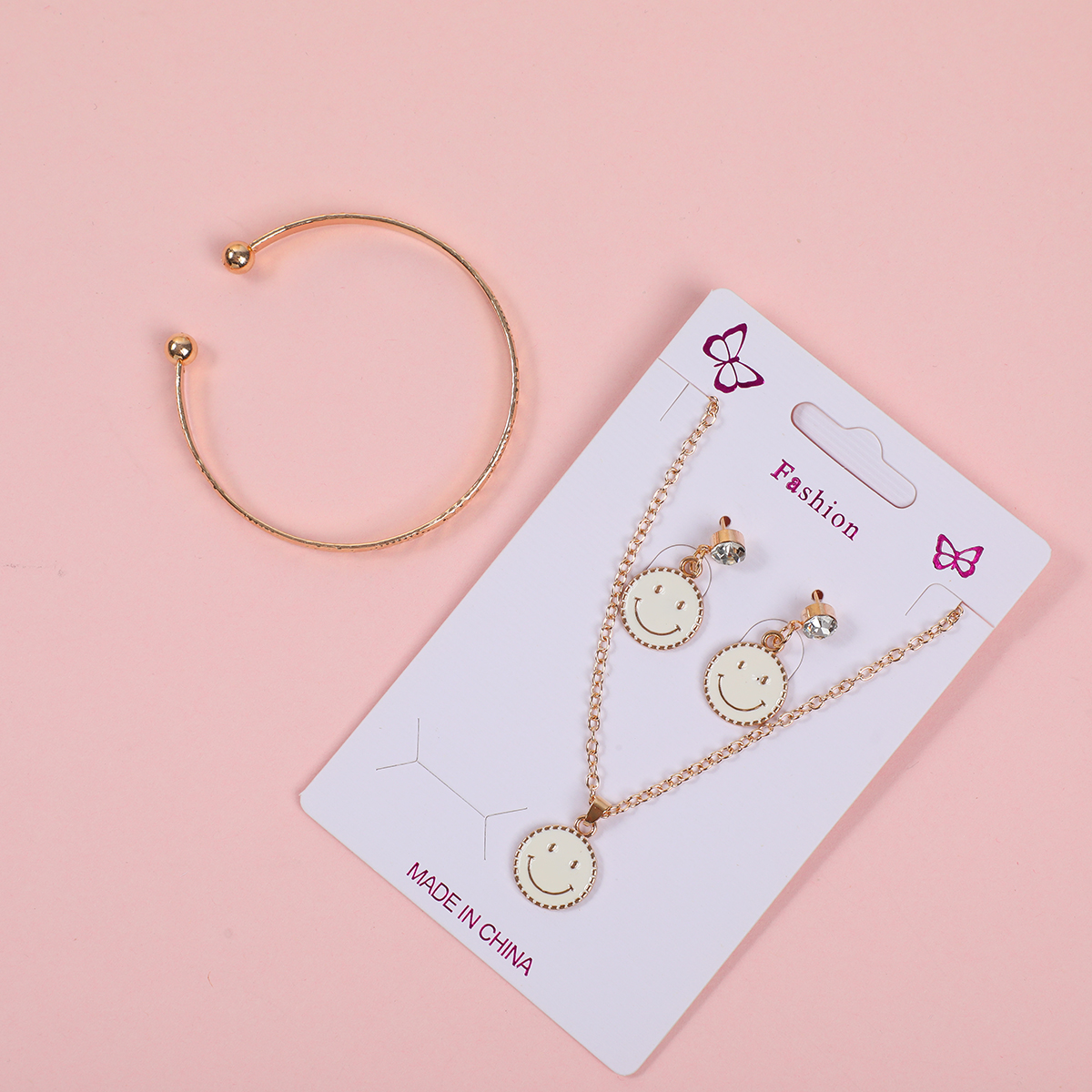 Smiley Face Necklace, Stud Earrings and Bracelet Set