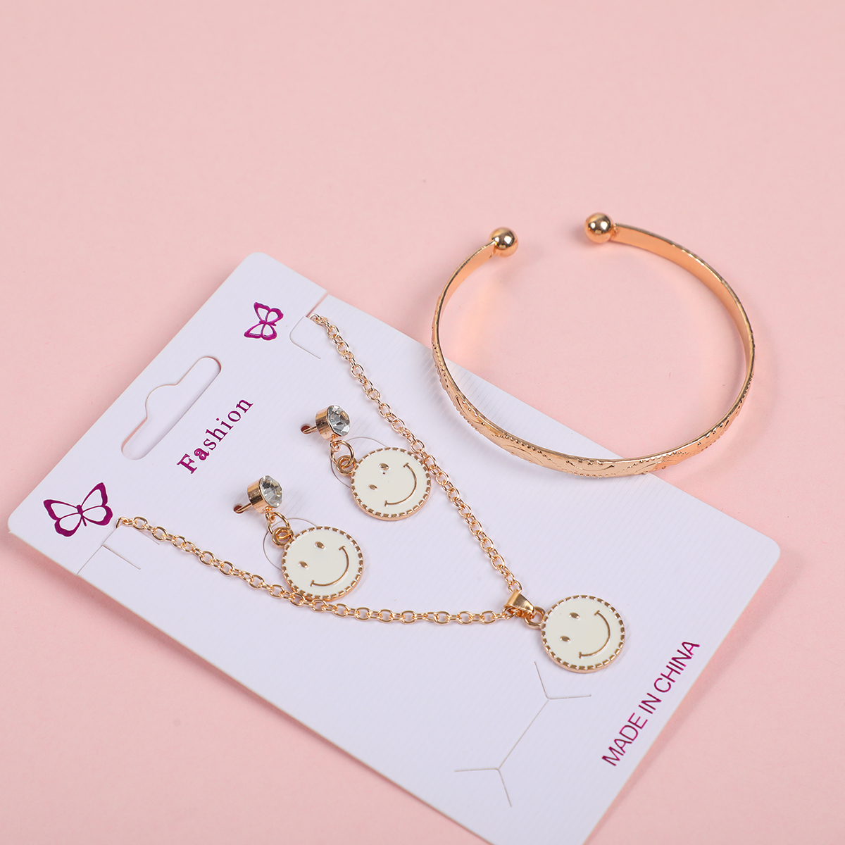Smiley Face Necklace, Stud Earrings and Bracelet Set