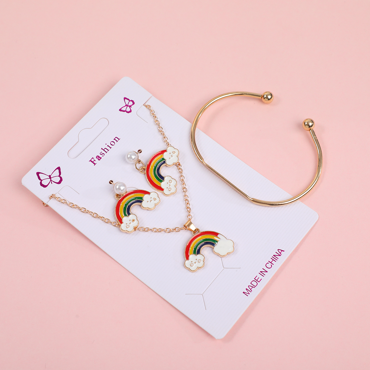 Rainbow Cloud Necklace, Stud Earrings & Bracelet Set