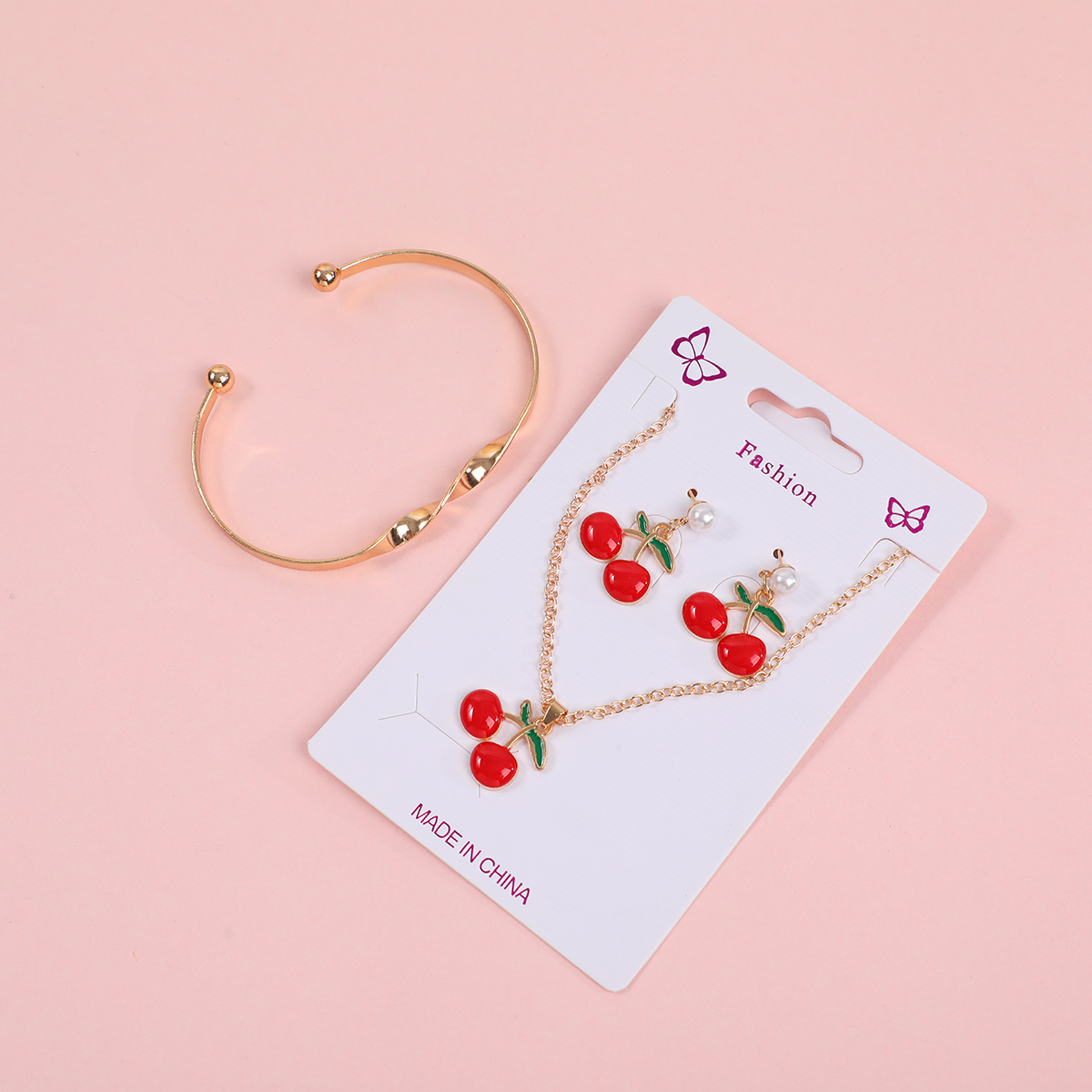 Small Cherry Necklace, Stud Earrings and Bracelet Set
