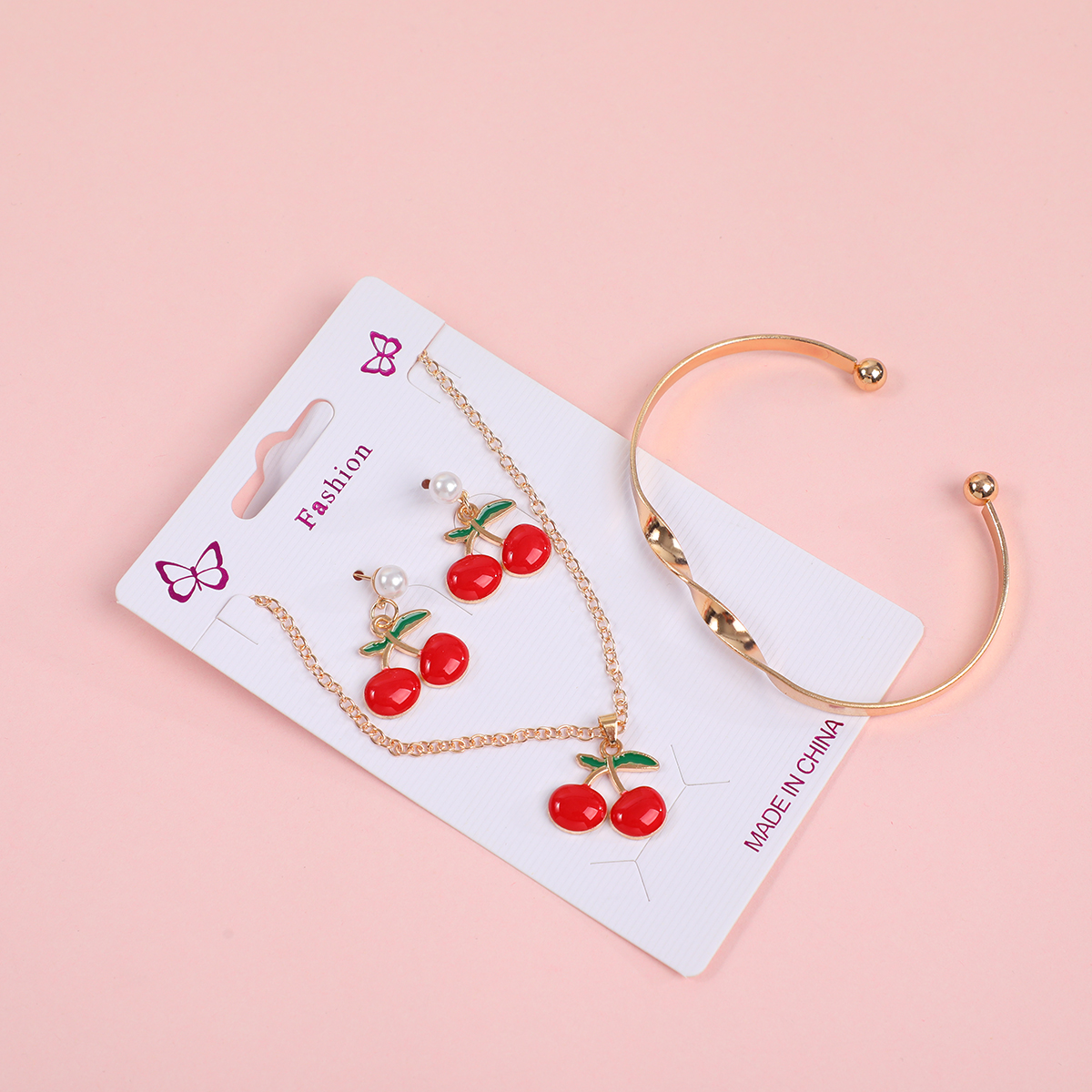 Small Cherry Necklace, Stud Earrings and Bracelet Set