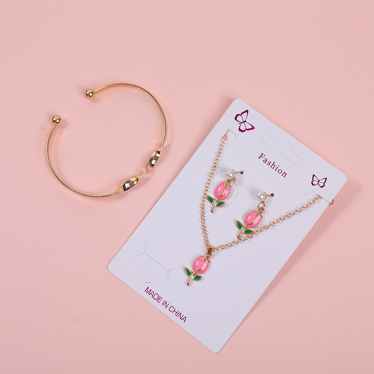 Rose Flower Necklace, Stud Earrings and Bracelet Set