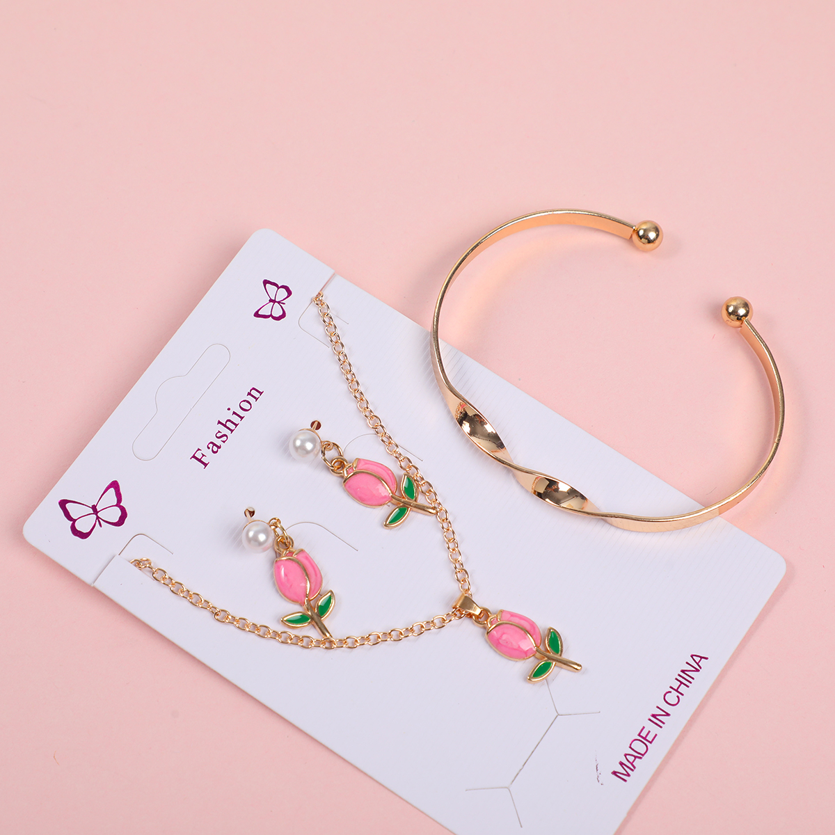 Rose Flower Necklace, Stud Earrings and Bracelet Set