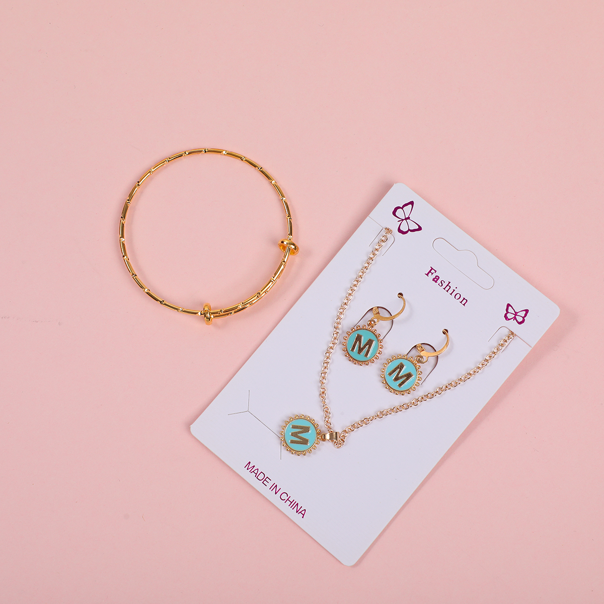 Letter 'M' Necklace, Stud Earrings and Bracelet Set