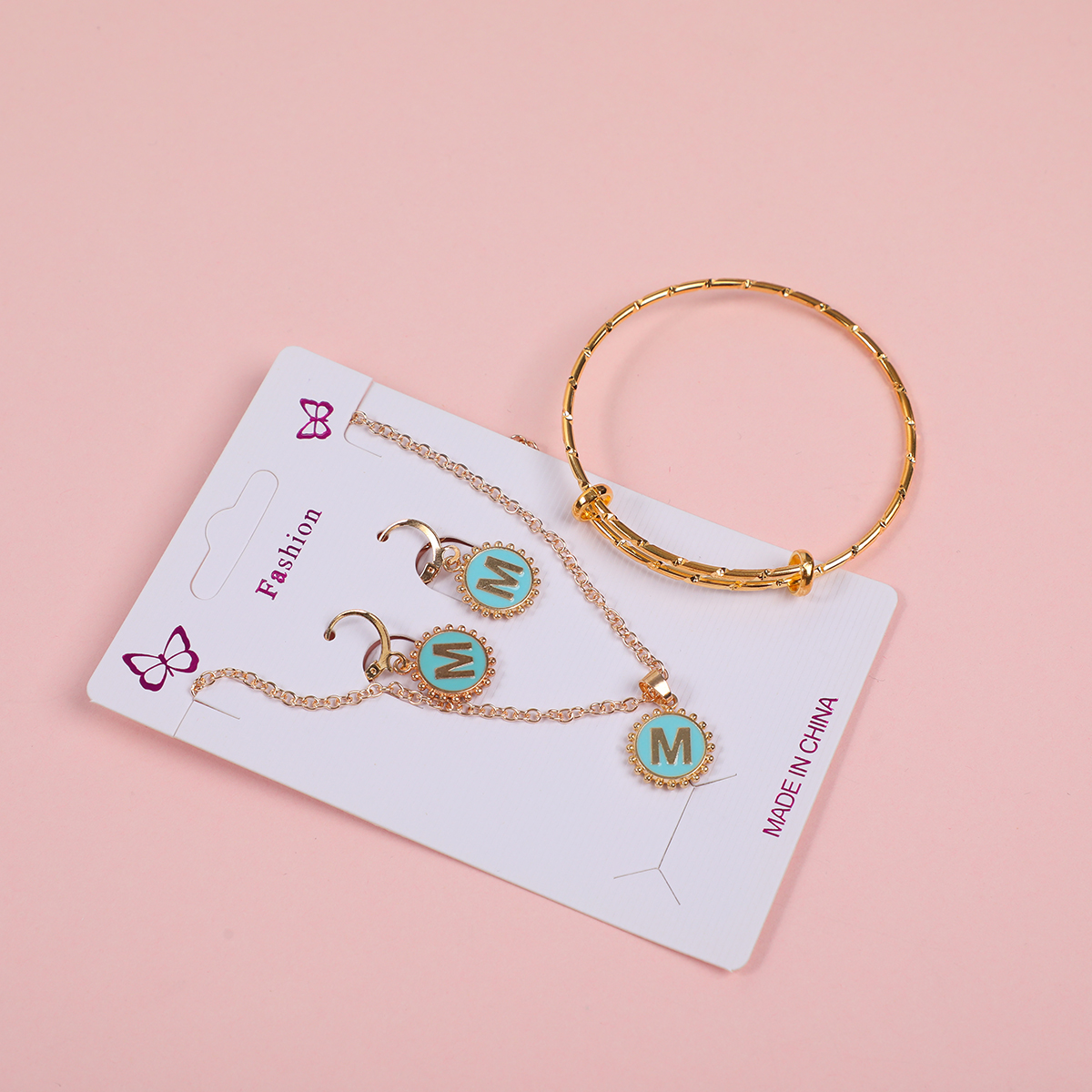 Letter 'M' Necklace, Stud Earrings and Bracelet Set