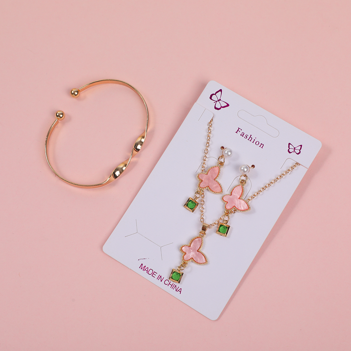 Pink Butterfly and Green Rhinestone Necklace, Stud Earrings and Bracelet Set
