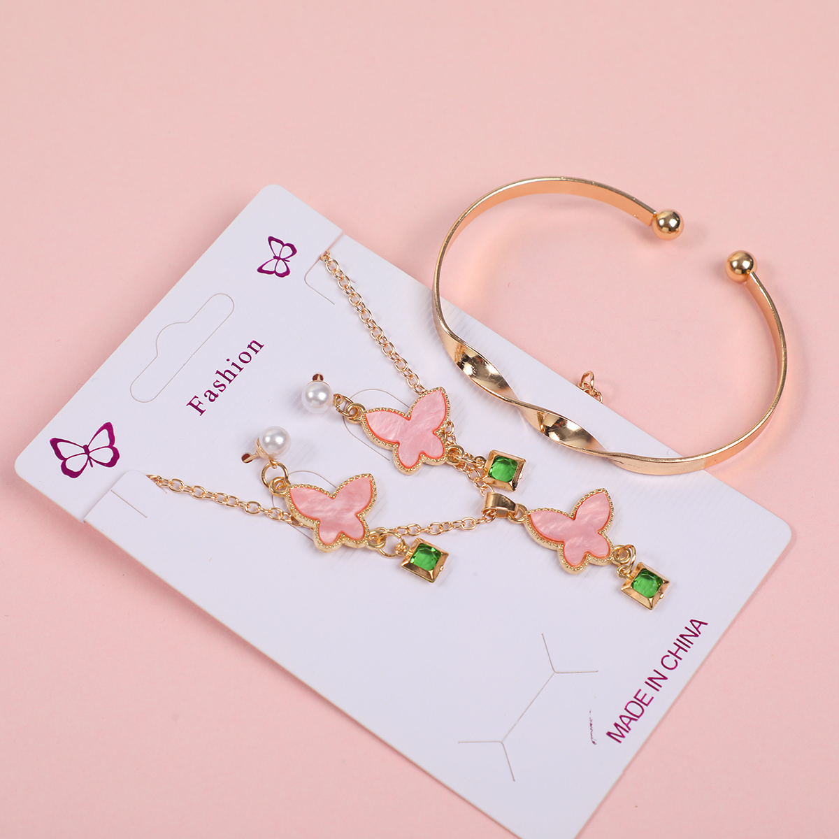 Pink Butterfly and Green Rhinestone Necklace, Stud Earrings and Bracelet Set