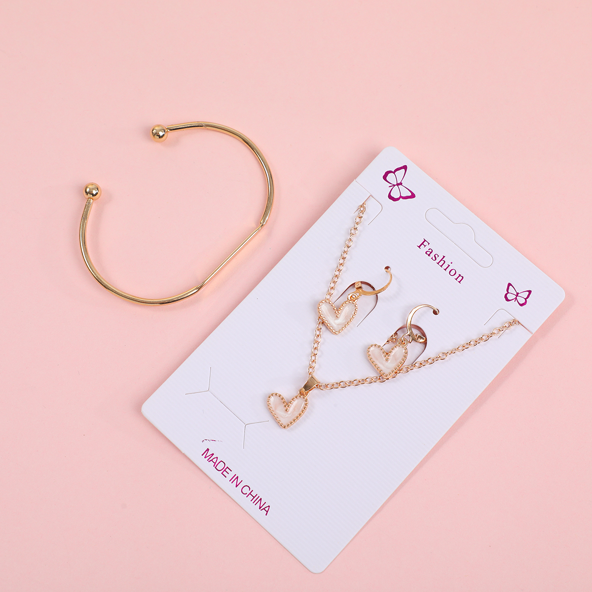 White Heart Necklace, Stud Earrings and Bracelet Set