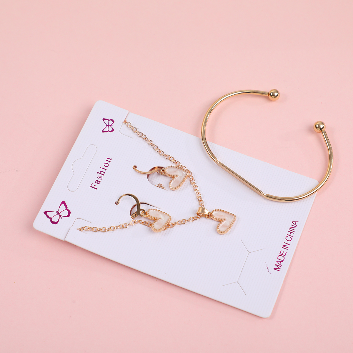 White Heart Necklace, Stud Earrings and Bracelet Set