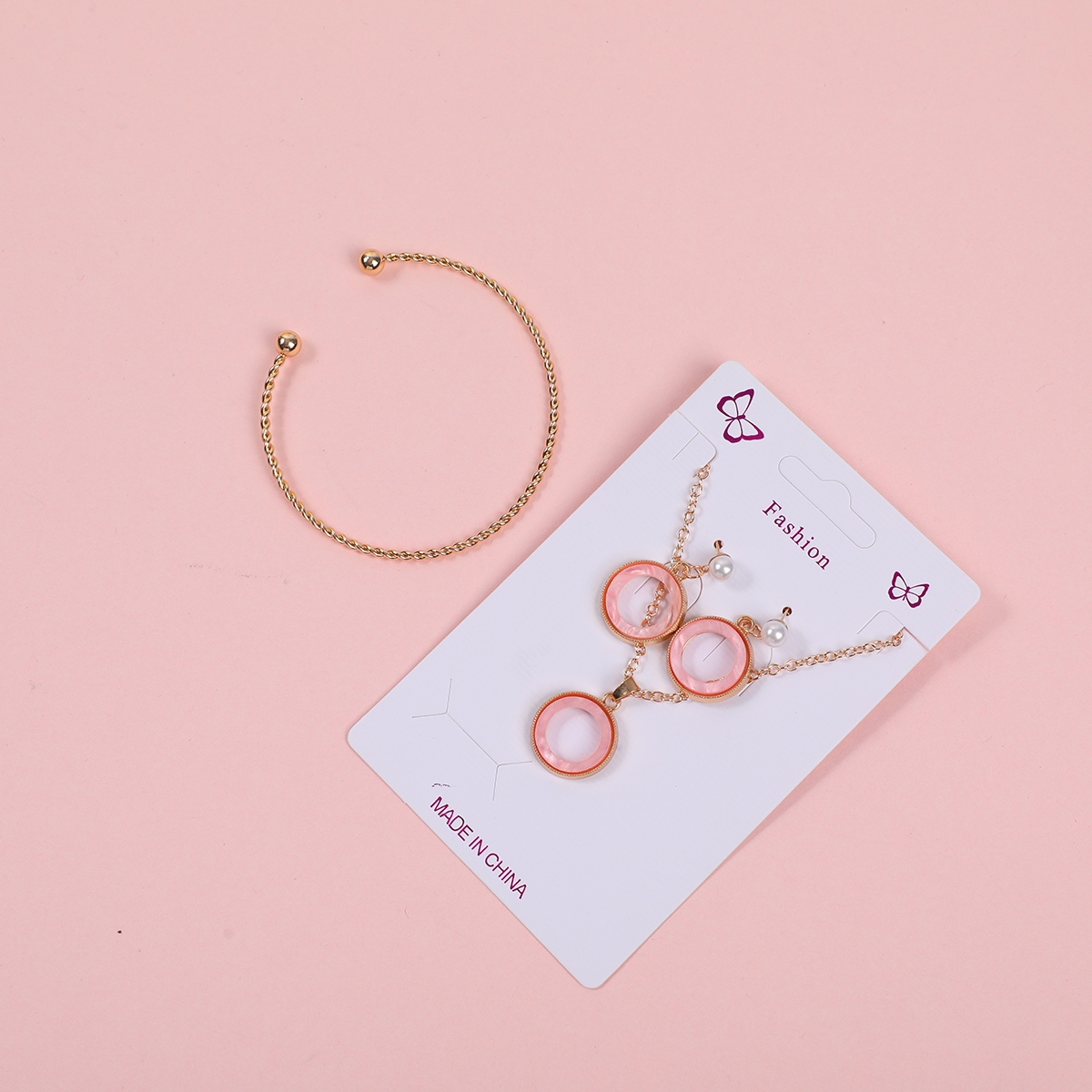 Pink Circle Necklace, Stud Earrings and Bracelet Set