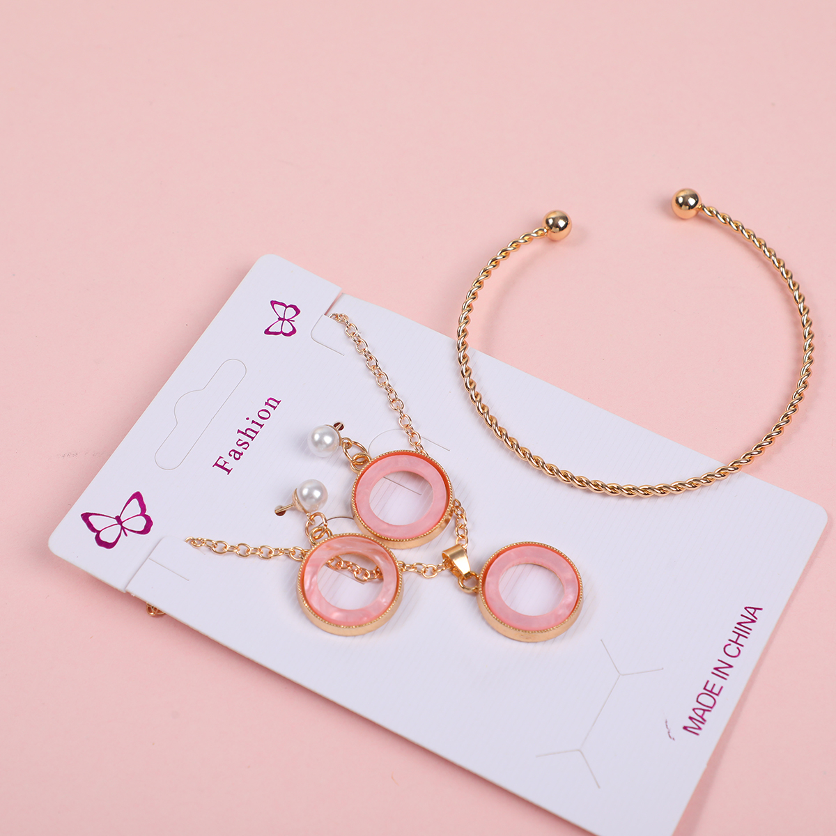 Pink Circle Necklace, Stud Earrings and Bracelet Set