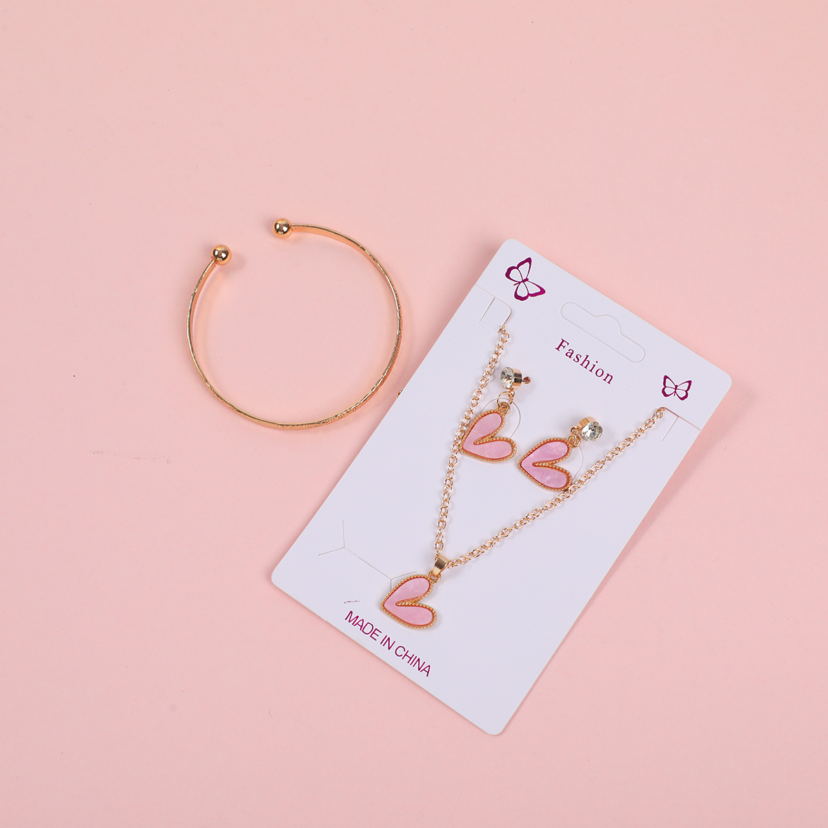 Pink Heart Necklace, Stud Earrings and Bracelet Set