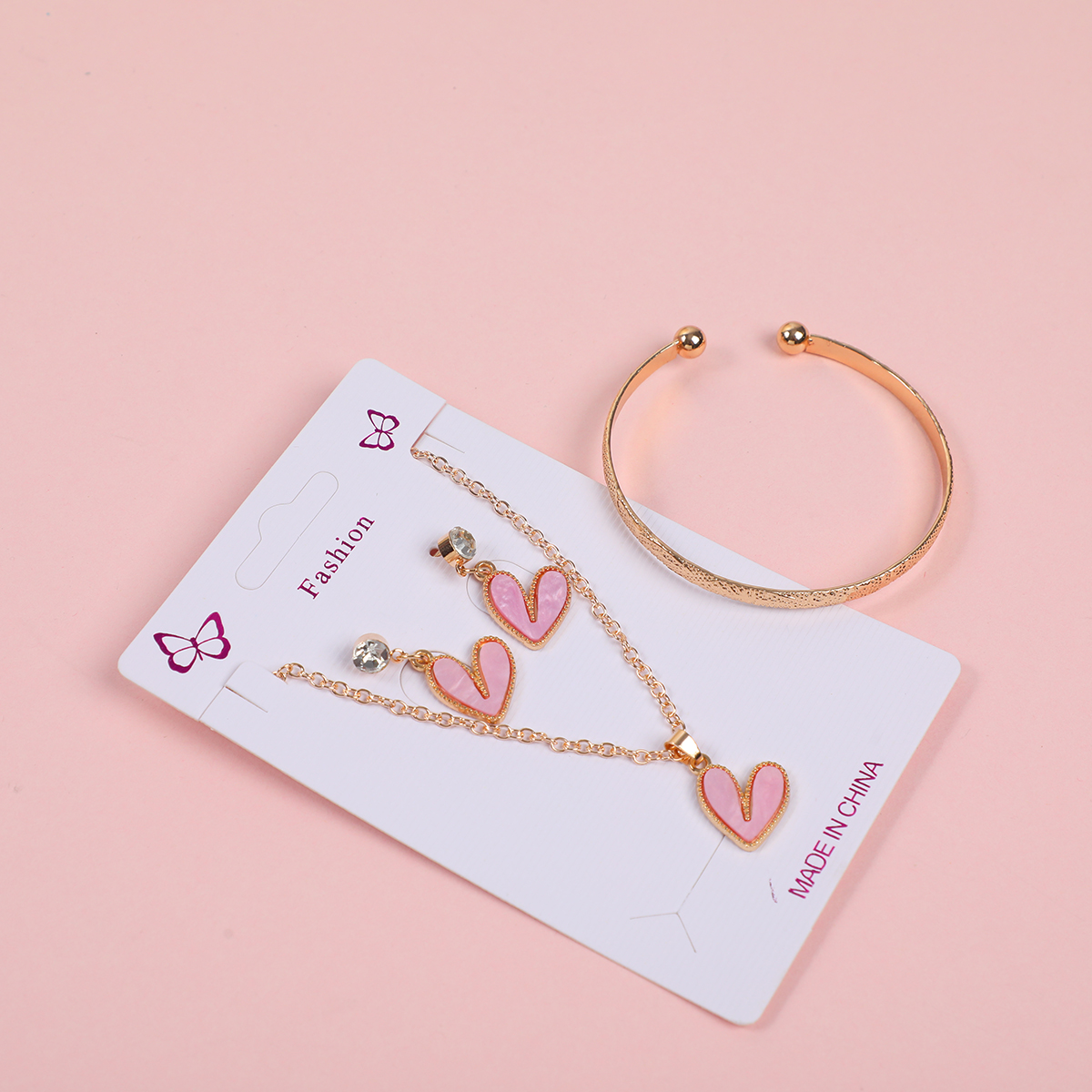 Pink Heart Necklace, Stud Earrings and Bracelet Set