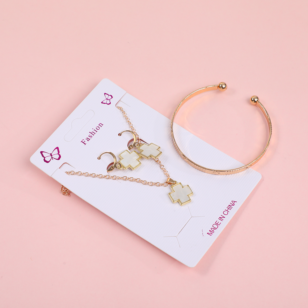 Large Cross Necklace, Stud Earrings and Bracelet Set