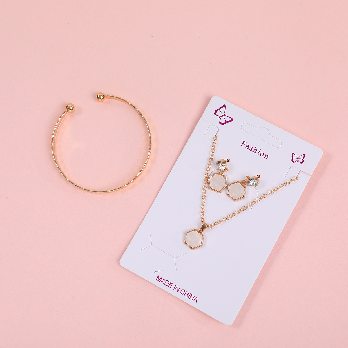 Hexagon Necklace, Stud Earrings and Bracelet Set