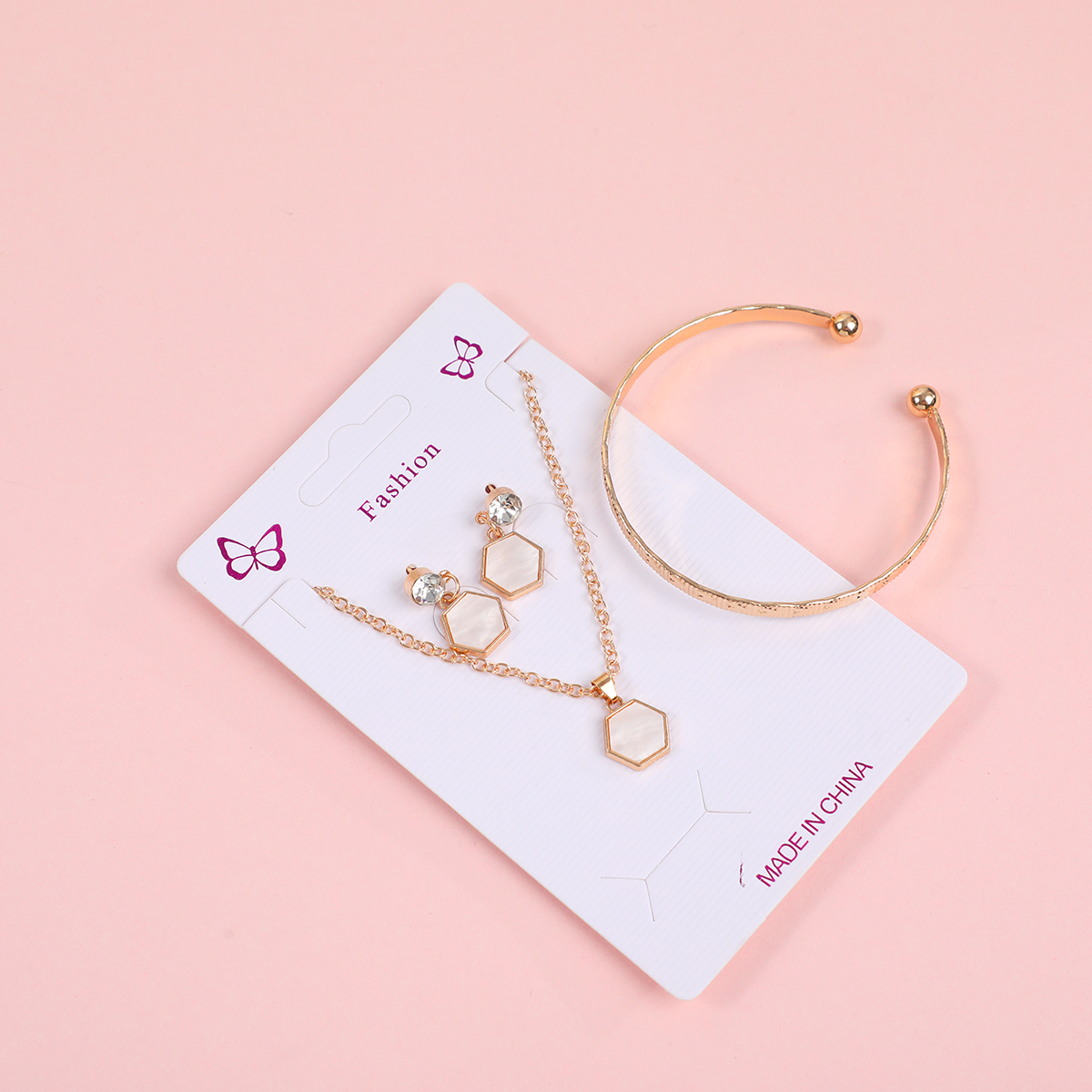 Hexagon Necklace, Stud Earrings and Bracelet Set