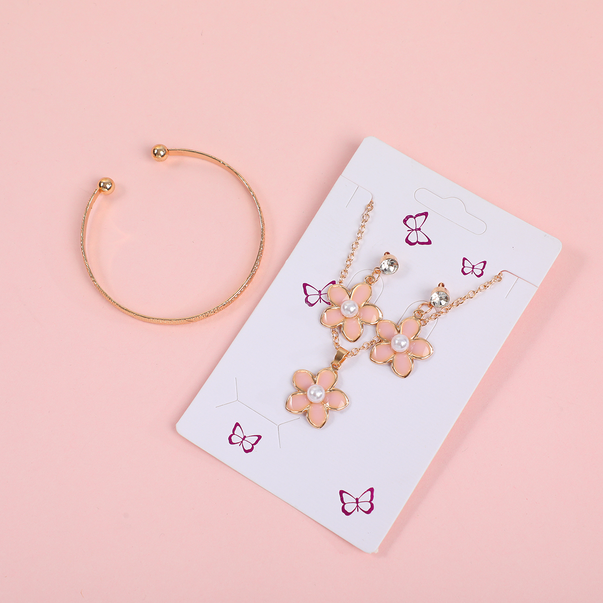 Flower Petal Pearl Necklace, Stud Earrings and Bracelet Set