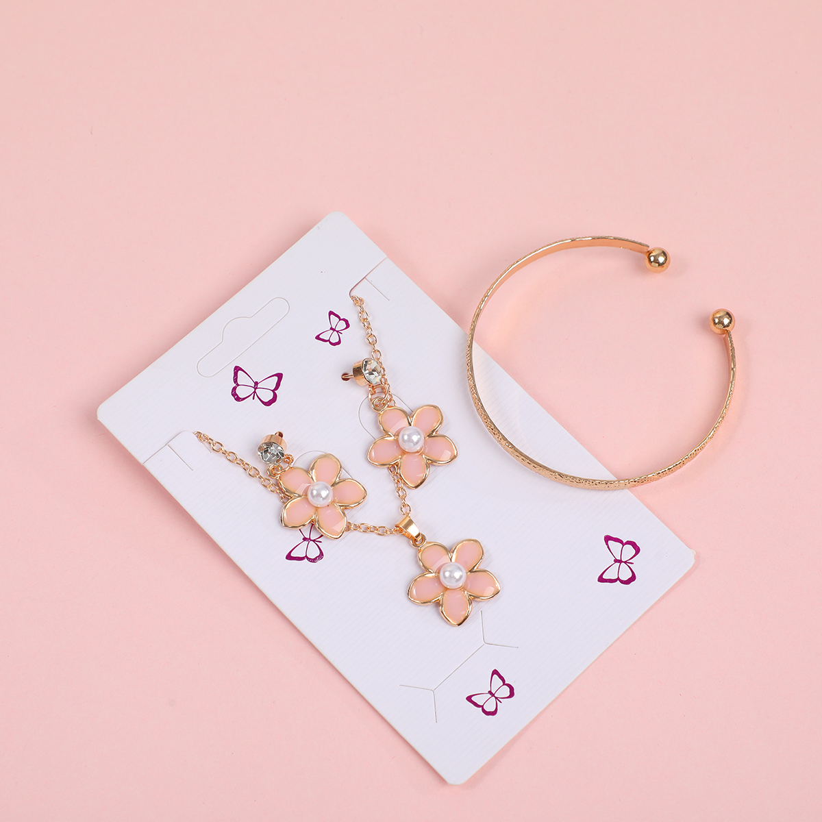 Flower Petal Pearl Necklace, Stud Earrings and Bracelet Set
