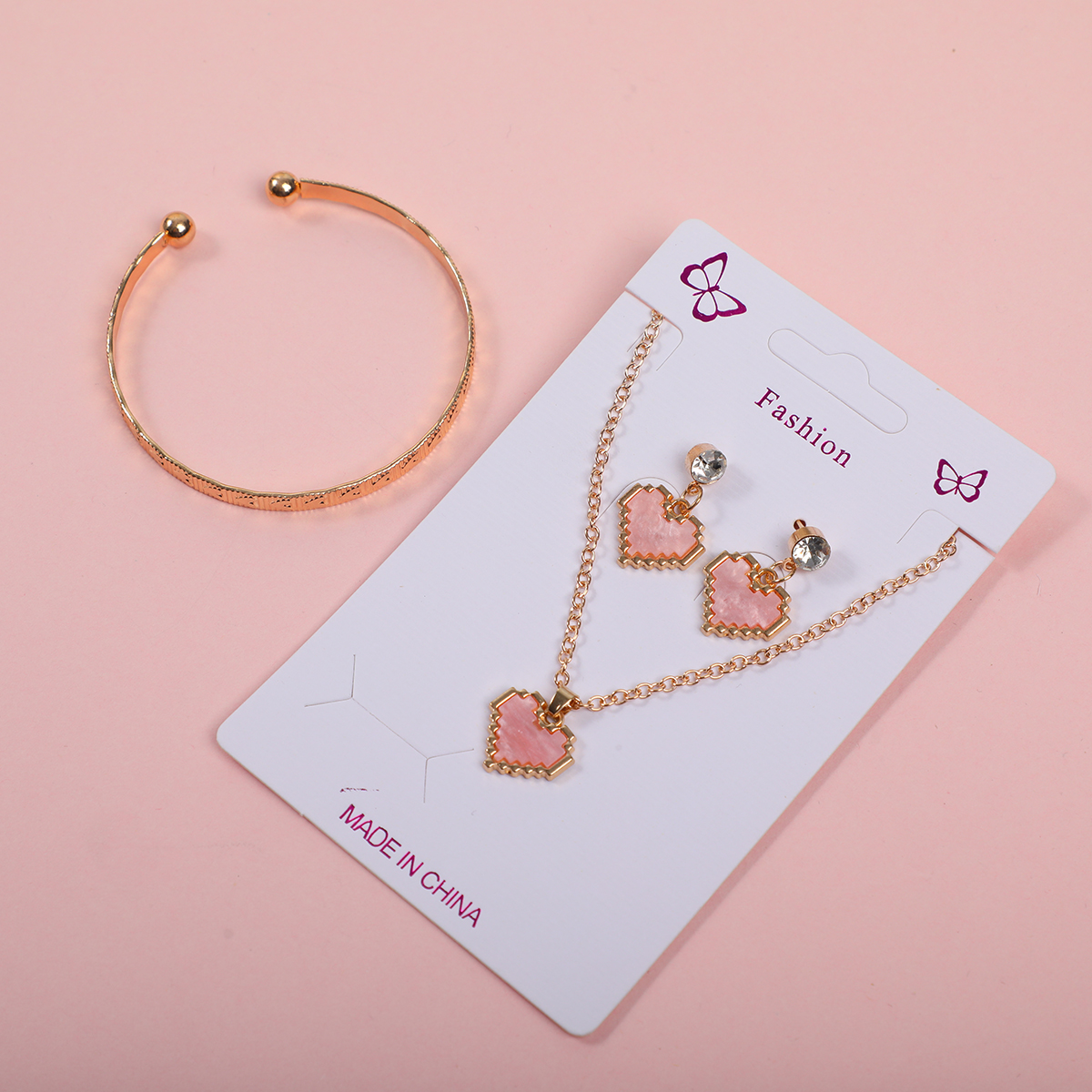Heart Rhinestone Necklace, Stud Earrings and Bracelet Set