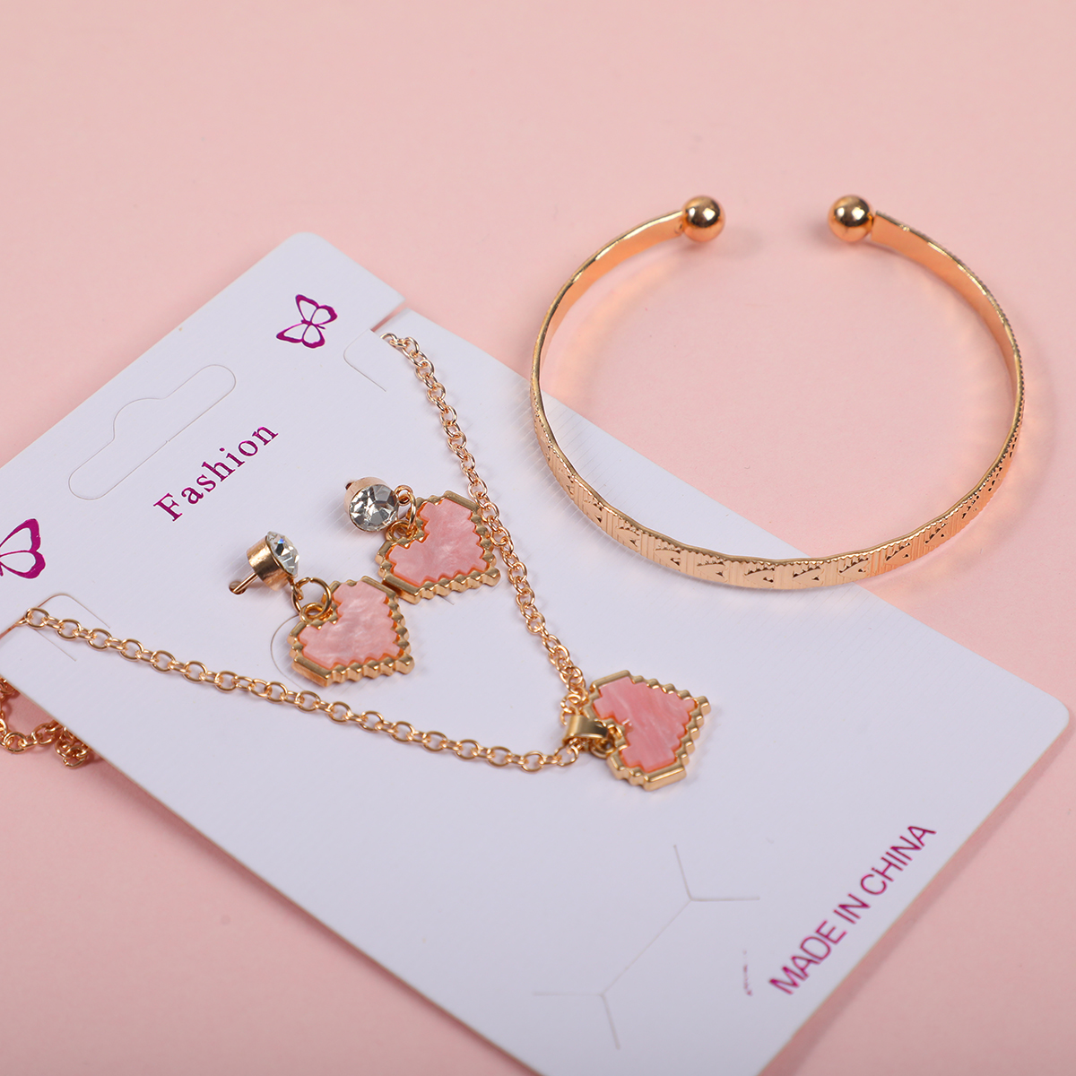 Heart Rhinestone Necklace, Stud Earrings and Bracelet Set