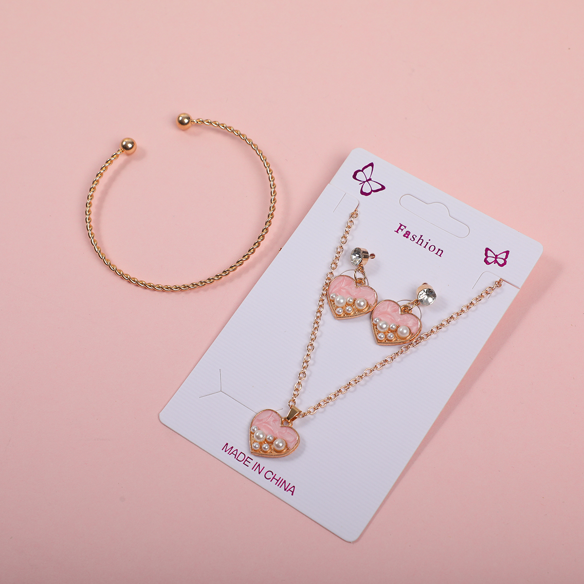 Heart Pearl Necklace, Stud Earrings and Bracelet Set