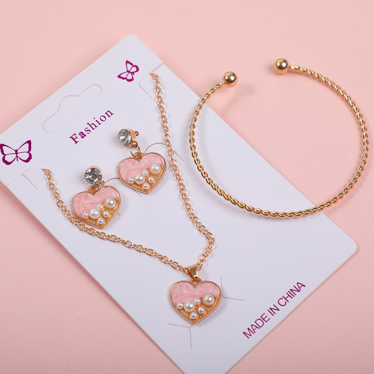 Heart Pearl Necklace, Stud Earrings and Bracelet Set
