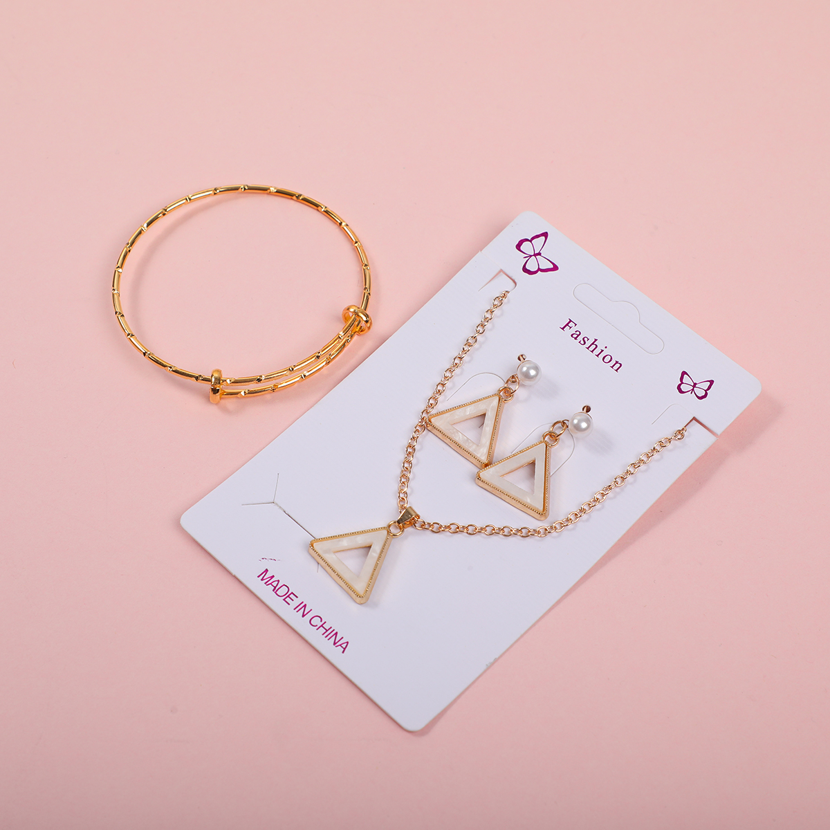 Triangle Necklace, Stud Earrings and Bracelet Set