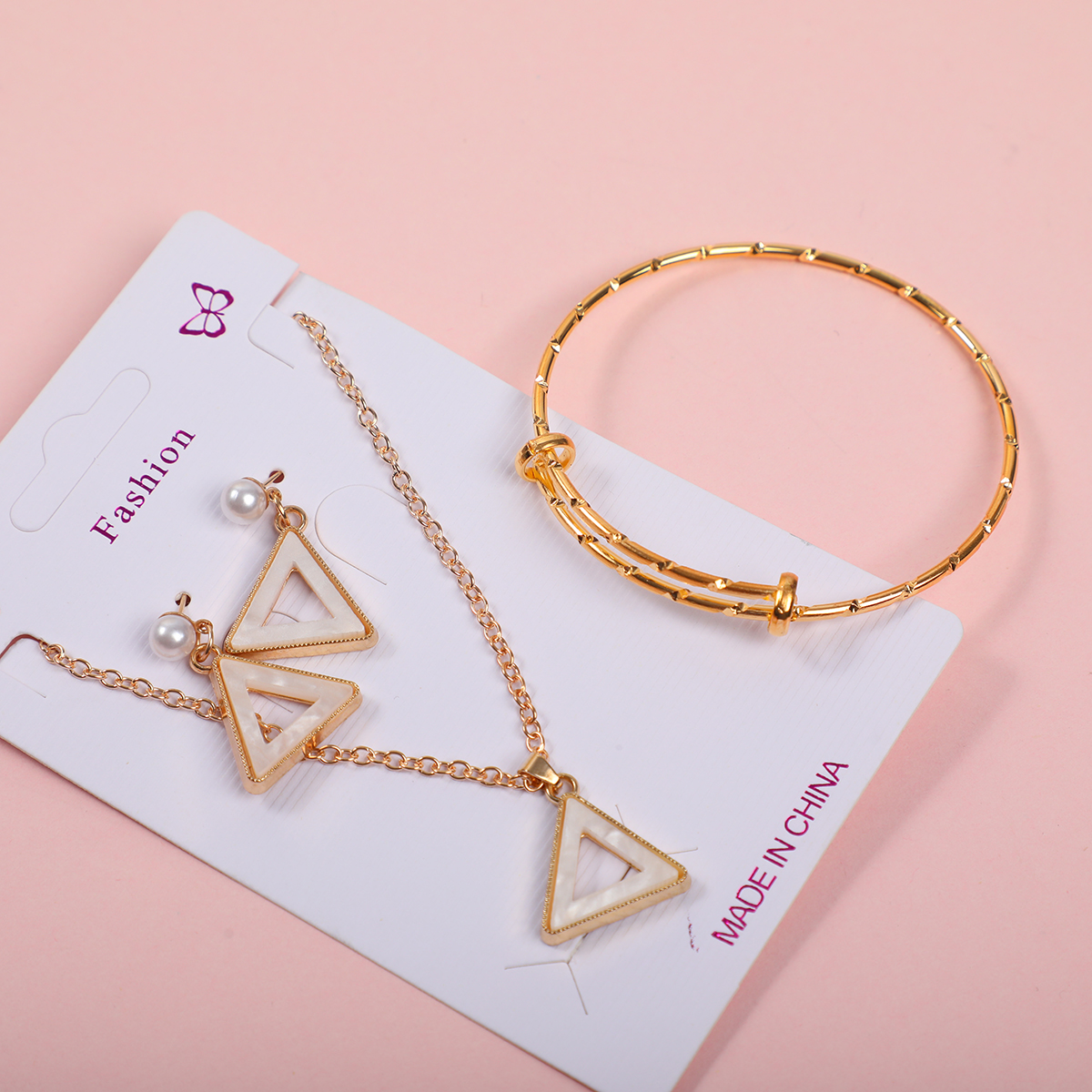 Triangle Necklace, Stud Earrings and Bracelet Set