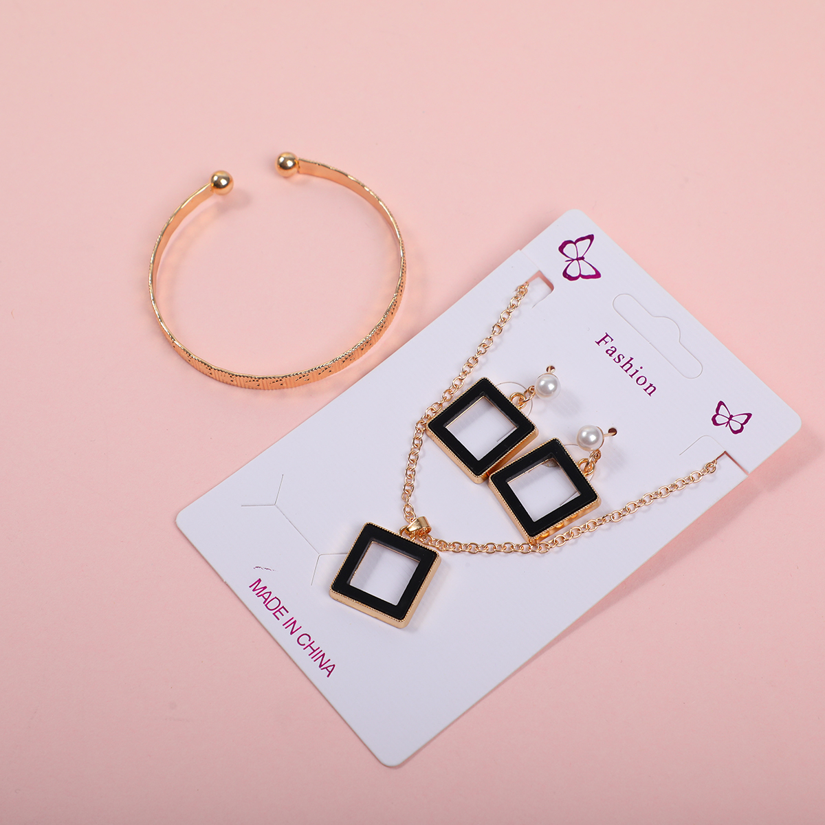 Black Frame Square Necklace, Stud Earrings and Bracelet Set