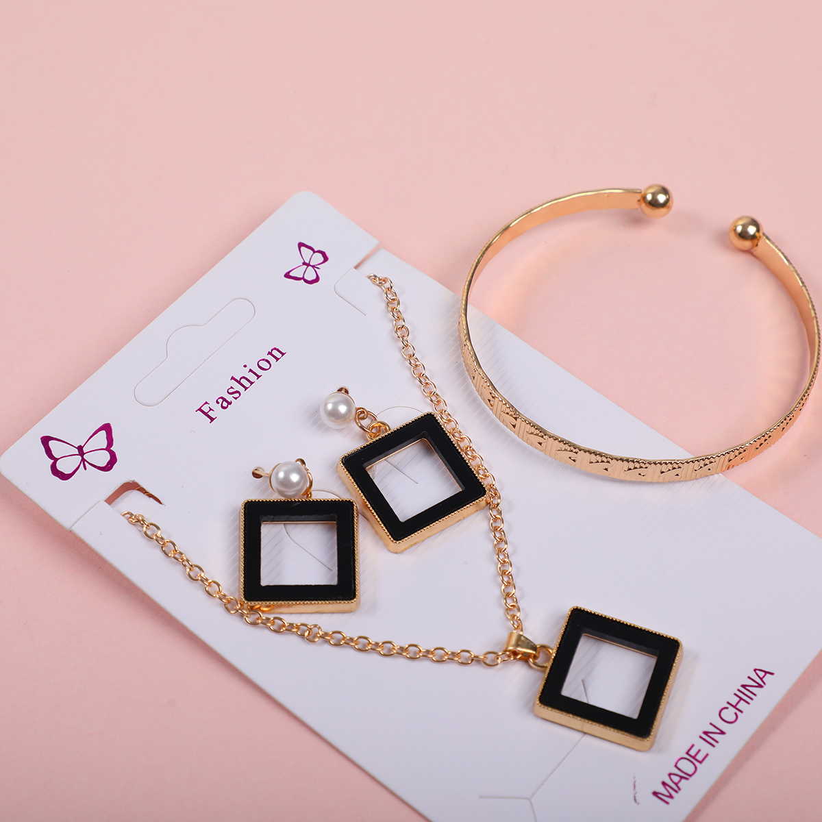 Black Frame Square Necklace, Stud Earrings and Bracelet Set