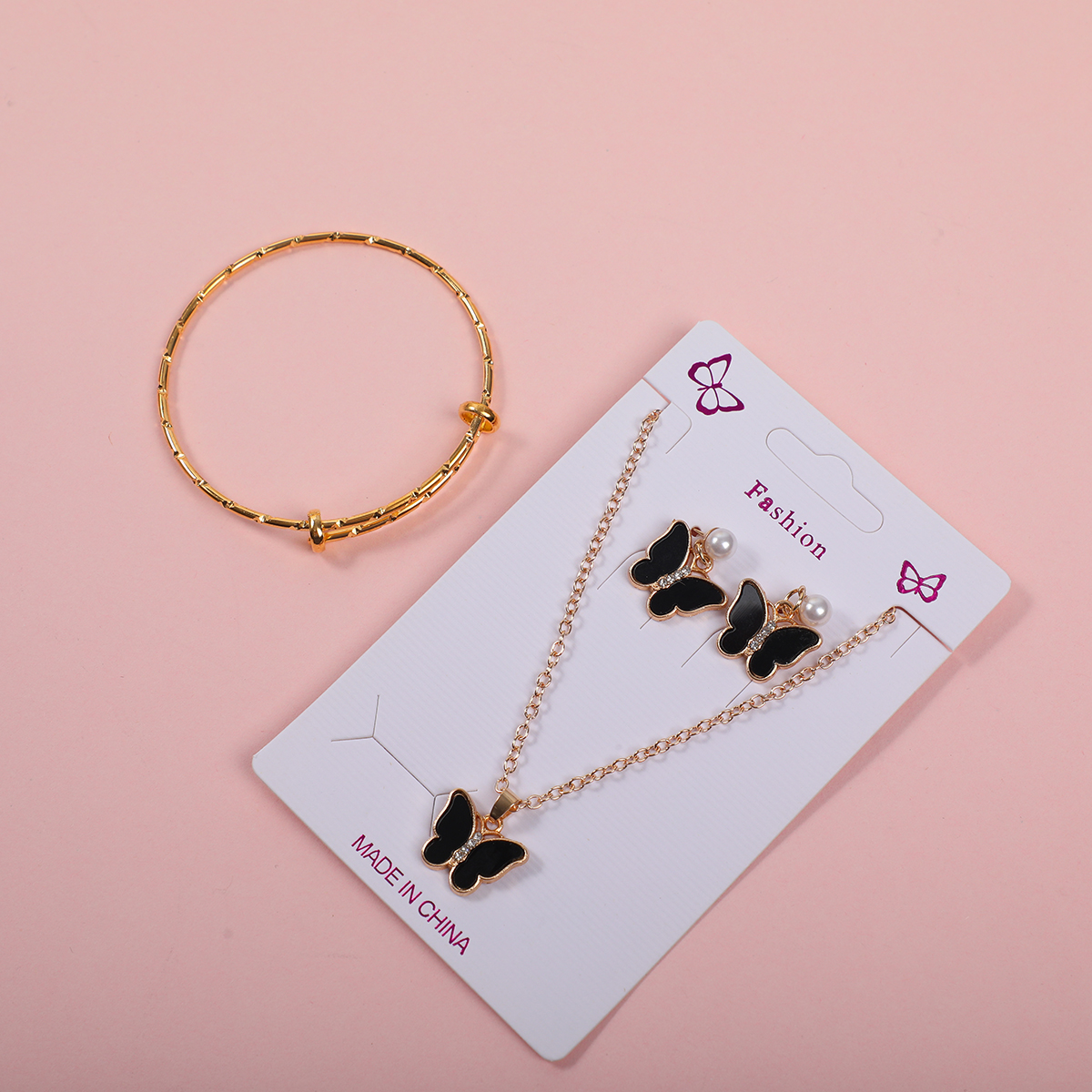 Black Butterfly Necklace, Stud Earrings and Bracelet Set