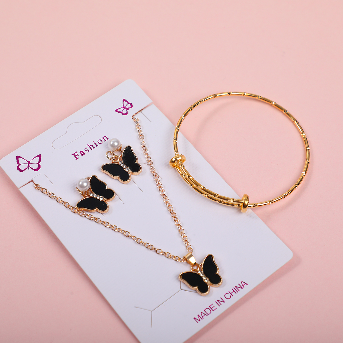 Black Butterfly Necklace, Stud Earrings and Bracelet Set