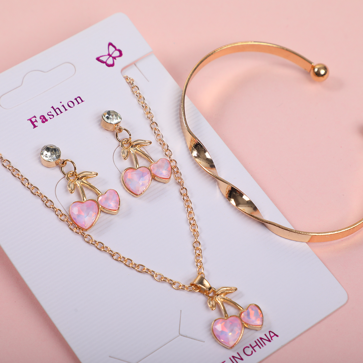 Sakura Pink Cherry Necklace, Earrings and Bracelet Set